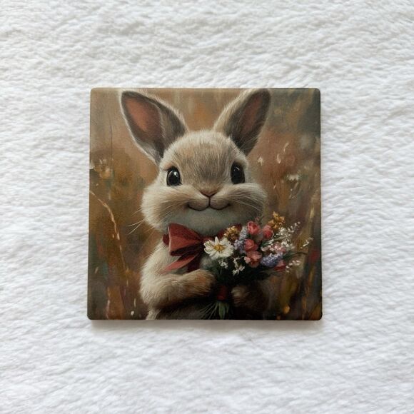 Decor Other - Ceramic Coaster Bunny With Flower Bouquet